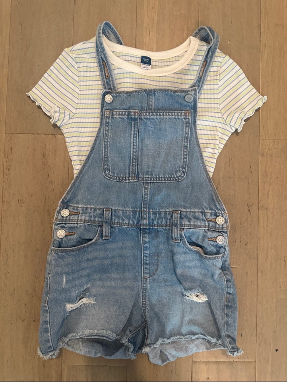 Old Navy Light Blue Distressed Jean Denim Short Overalls with Ribbed Striped Tee